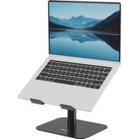 Black Fellowes Alumia laptop riser stand with flat base, adjustable height, supports up to 15-inch laptops.