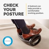 Black Fellowes ergonomic foot rest with textured surface and adjustable height for under desk use.
