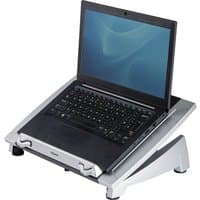 Fellowes adjustable laptop stand, black and silver, with ergonomic design and non-slip surface, holding a laptop.