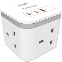 White Fellowes Power Cube with 3 sockets, USB-A and USB-C ports, and a gray accent stripe.