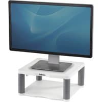 White Fellowes monitor riser with adjustable black legs and storage space underneath.