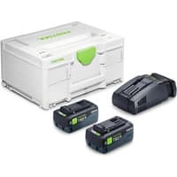 Festool SYS 18v TBX kit with white storage box, two black 8ah batteries, and black charger.