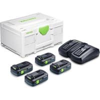 Festool SYS 18v TBX kit with four 4ah batteries, dual charger, and white storage case with green accents.