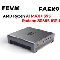 Compact silver mini PC with "Fevm Fa-ex9 Ai + 395" branding, multiple ports, and sleek design.