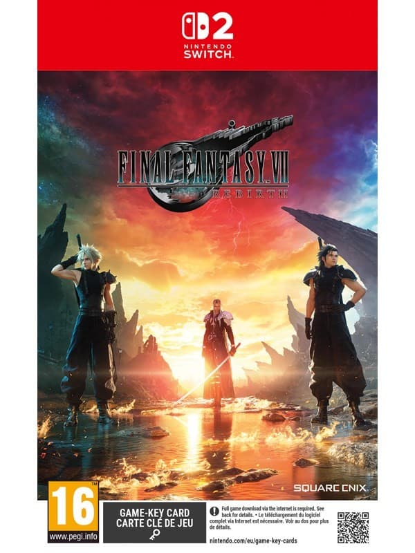 Final Fantasy VII Rebirth game cover features vibrant artwork with characters Cloud and Sephiroth against a dramatic sunset backdrop, with a prominent Switch logo and age rating.