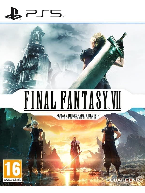 Final Fantasy VII: Remake Intergrade & Rebirth Twin Pack for PS5 features vibrant artwork of characters with a futuristic cityscape and dramatic landscapes, showcasing iconic weapons.