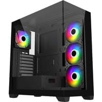 Black FSP M340-BA midi tower case with ARGB fans, tempered glass side panel, supports mITX, mATX, ATX.