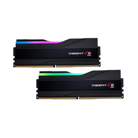 G.Skill Trident Z5 RGB memory modules in black with colorful RGB lighting, featuring a sleek design and dual-channel configuration, each module is 16 GB for a total of 32 GB.
