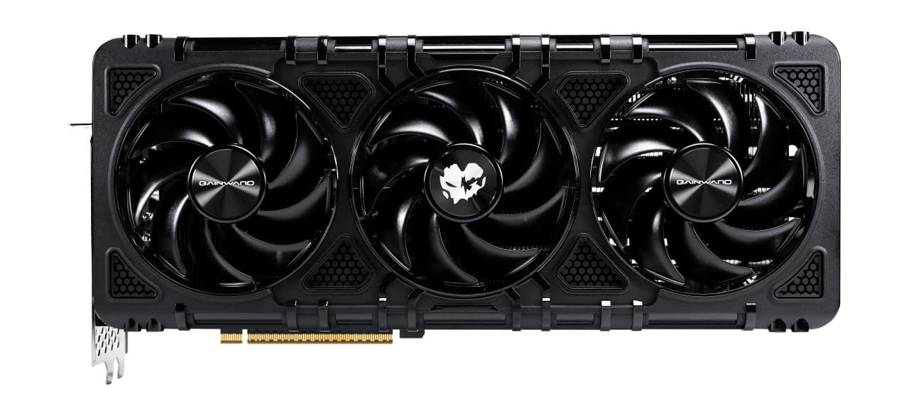 Gainward GeForce RTX 5090 Phantom GS graphics card featuring a sleek black design, three large cooling fans, and a prominent logo, with a PCI-Express connector.