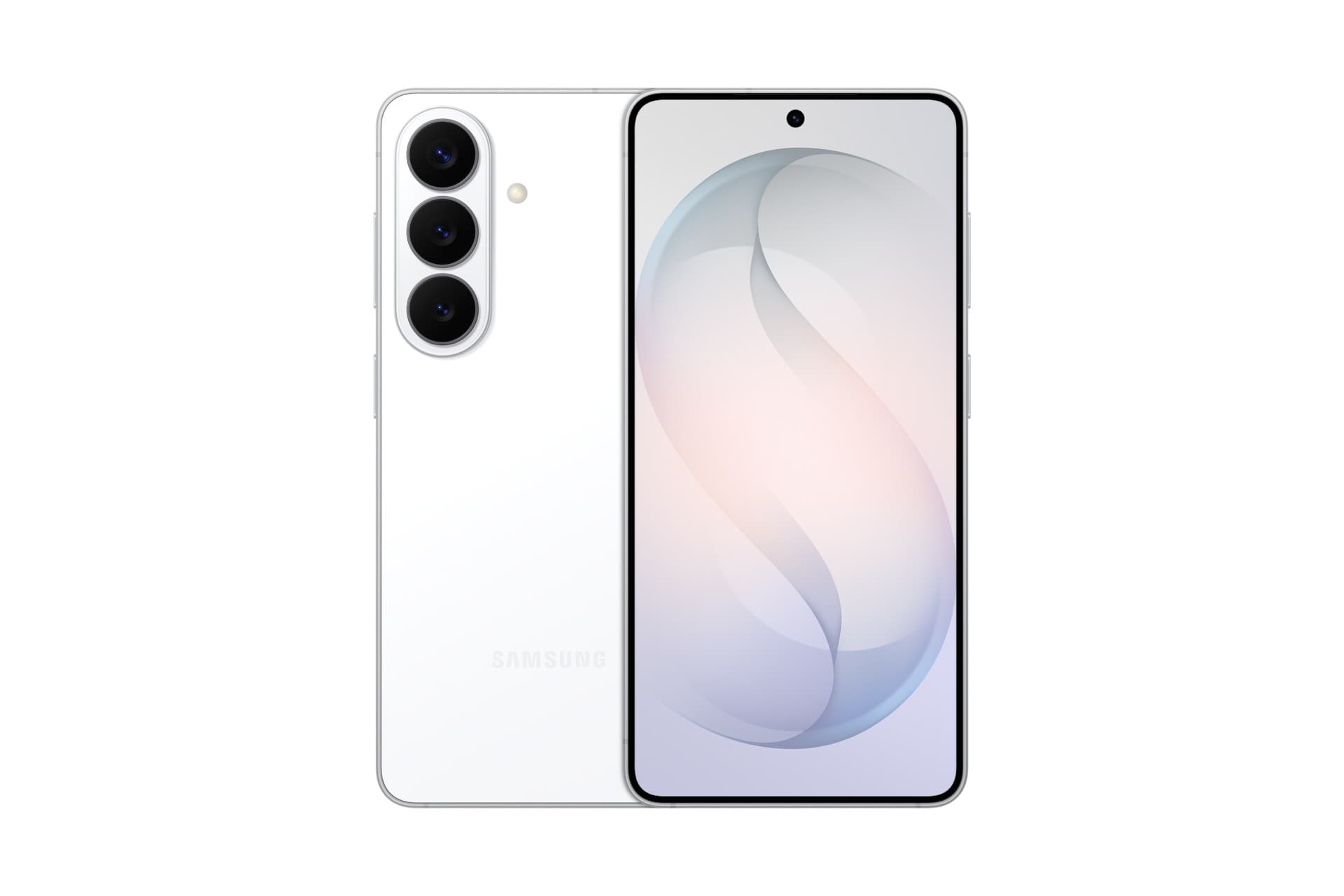 Samsung Galaxy S26 in white, featuring a sleek glass design, a large display with a central front camera, and three rear cameras aligned vertically.