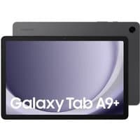 Galaxy Tab A9+ 11-inch Wi-Fi tablet, graphite color, 128GB storage, sleek design with a black bezel and rear camera.