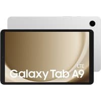 Samsung Galaxy Tab A9, 8.7" silver tablet, LTE, 64 GB, black front bezel, rear camera on white back.
