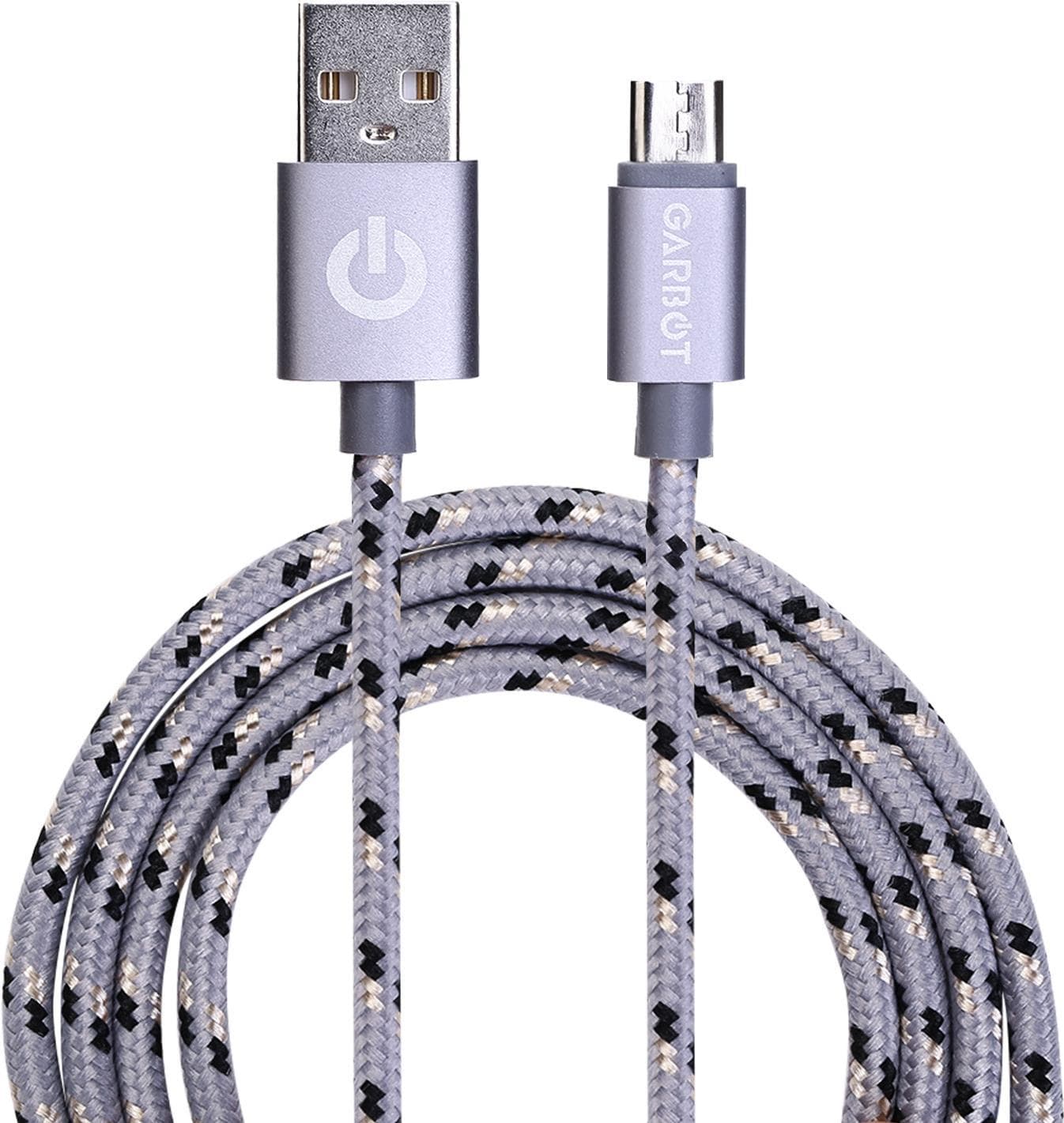 Silver USB to Micro-USB B cable, 1 meter long, featuring a braided design with black and white accents, and a power symbol on the USB connector.