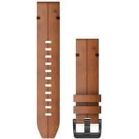 Brown leather Garmin watch strap, 22mm QuickFit, with black metal buckle and multiple adjustment holes.