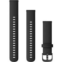 Black Garmin vívoactive 4 watch band, 18mm width, textured surface, adjustable strap with multiple holes and buckle.