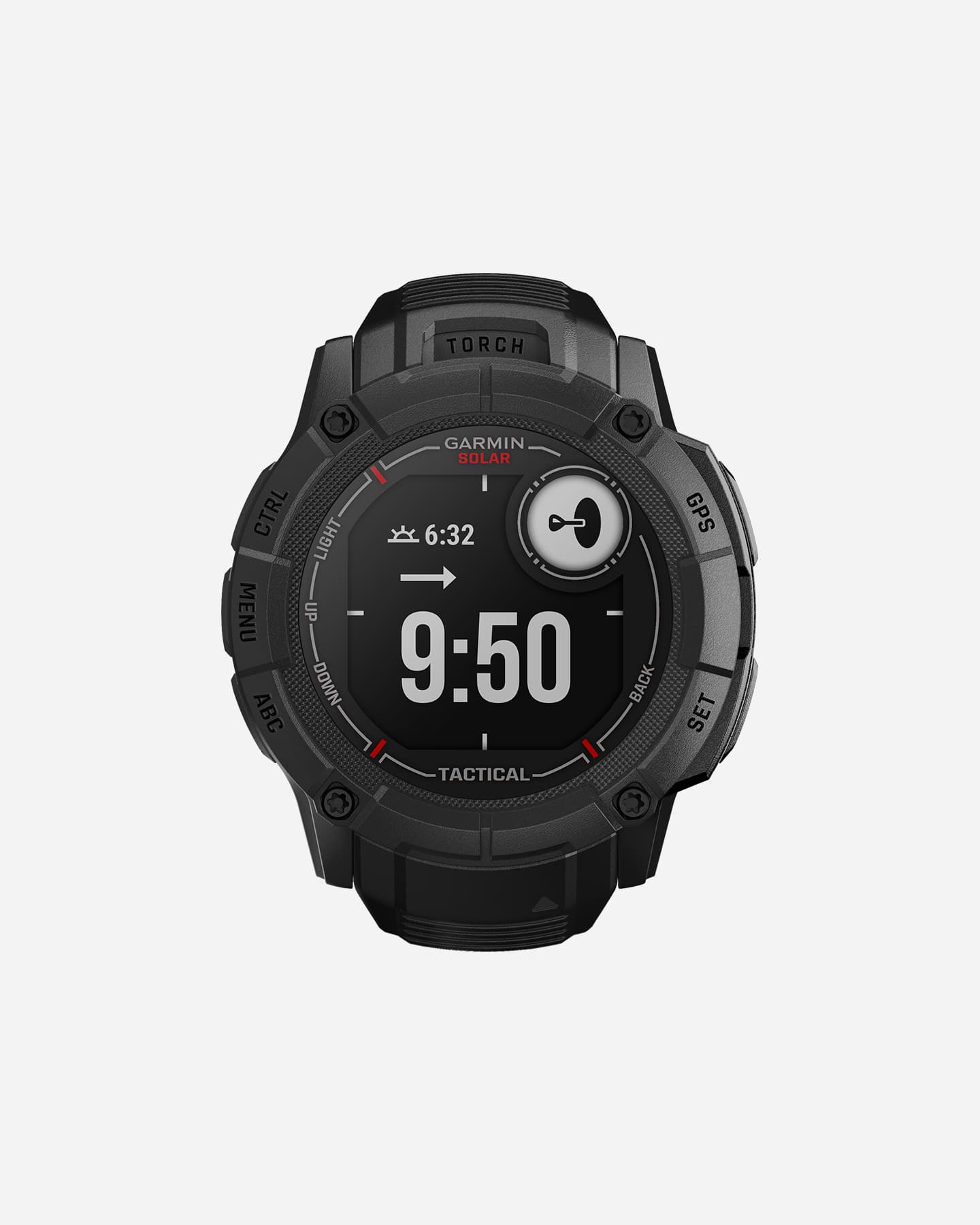 Garmin Instinct 2X Solar Tactical Edition watch in black features a rugged design, solar charging capability, and a digital display showing time and tactical functions.