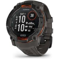 Garmin Instinct 3 Solar smartwatch, rugged black design, digital display with orange accents, and solar charging feature.