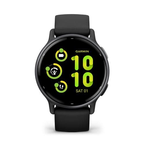 Black Garmin Vívoactive 5 GPS smartwatch features a round display with vibrant green icons and numbers, designed for fitness tracking, suitable for wrist circumferences of 125-190 mm.