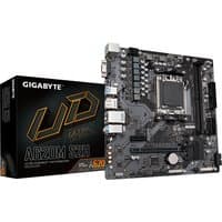 GIGABYTE A620M S2H motherboard with black PCB, multiple ports, and heatsinks, next to branded box.