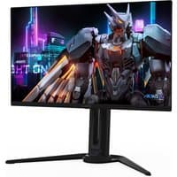 Black GIGABYTE AORUS FO27Q5P OLED gaming monitor with thin bezels, displaying a vibrant mech-themed wallpaper.