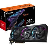 Black GIGABYTE AORUS Radeon RX 9070 XT graphics card with triple fans, RGB lighting, and orange-accented packaging.