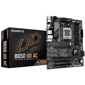 GIGABYTE B650 UD AC motherboard in black with silver accents, featuring an AM5 socket, multiple PCIe slots, and a robust power design, packaged in a sleek box.