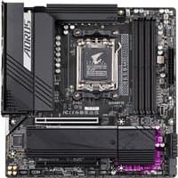 Black GIGABYTE B650M AORUS ELITE motherboard with silver accents, featuring multiple PCIe slots and RAM slots.