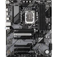 Black and gray Gigabyte motherboard with multiple PCIe slots, RAM slots, and CPU socket, featuring silver accents.