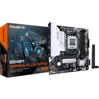 GIGABYTE B840M GAMING PLUS motherboard with black PCB, white accents, and WiFi antenna, next to branded box.