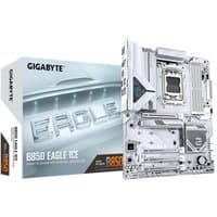 White Gigabyte B850 EAGLE ICE motherboard with silver accents, featuring multiple PCIe slots and a sleek design.