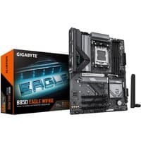 GIGABYTE B850 EAGLE WIFI6E motherboard with black PCB, silver heatsinks, and antenna, next to branded box.