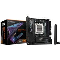 GIGABYTE B850I AORUS PRO Motherboard with black PCB, silver heatsinks, and Wi-Fi antenna, next to its colorful box.