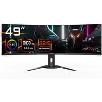 Curved GIGABYTE CO49DQ OLED gaming monitor, 49-inch, 5120x1440 DQHD, 1800R curvature, sleek black design with stand.
