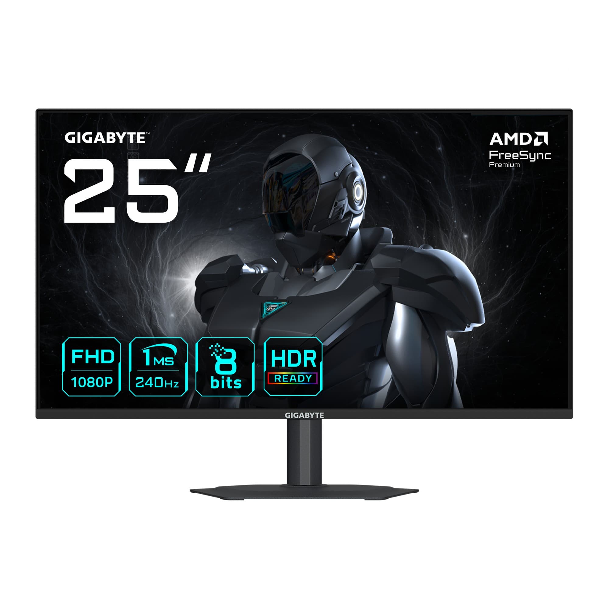 GIGABYTE G25F2A 24.5-inch FHD gaming monitor features a sleek black design, 240Hz refresh rate, 1ms response time, and vibrant colors with HDR support.