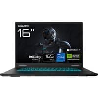 GIGABYTE GAMING A16 CWH laptop, black, 16" screen, teal backlit keyboard, Intel and NVIDIA branding on display