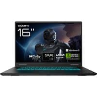Black GIGABYTE GAMING A16 laptop, 16" display, RGB keyboard, Ryzen 7, RTX 5060, Dolby Atmos branding on screen.