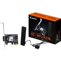 Gigabyte WiFi 6E AX210 card with dual antennas, PCIe interface, and orange-black packaging.