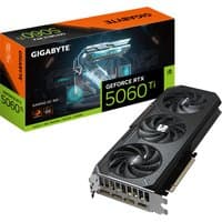 GIGABYTE GeForce RTX 5060 Ti graphics card, black with triple fan design, 16GB GDDR7, next to branded box.