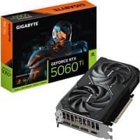 Black GIGABYTE RTX 5060 Ti graphics card with dual fans, metal backplate, and colorful box with futuristic design.