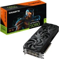 Black GIGABYTE RTX 5080 graphics card with triple fans, metal backplate, and orange-accented box featuring futuristic artwork.