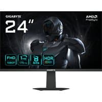 GIGABYTE 24” FHD Gaming Monitor with thin bezels, black stand, futuristic robot graphic, AMD FreeSync logo.