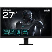 27" Gigabyte GS27F2 FHD gaming monitor with thin bezels, black stand, HDR, 1ms response, and AMD FreeSync logo.