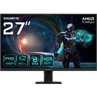 GIGABYTE GS27FA 27" gaming monitor, 180Hz, FHD, slim bezel, black stand, vibrant display with sci-fi graphics.