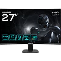 Curved Gigabyte GS27FCA 27" gaming monitor with black bezel, futuristic graphics, and AMD FreeSync technology.
