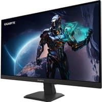 GIGABYTE GS27U 27" UHD gaming monitor with slim bezels, black stand, and vibrant sci-fi graphic on screen