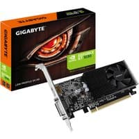 Black Gigabyte graphics card with fan, PCIe connector, and heatsink, next to branded box with eye design.