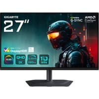 Gigabyte MO27Q2A 27" OLED 2K QHD gaming monitor with thin bezels, black stand, and vibrant display featuring a sci-fi graphic.