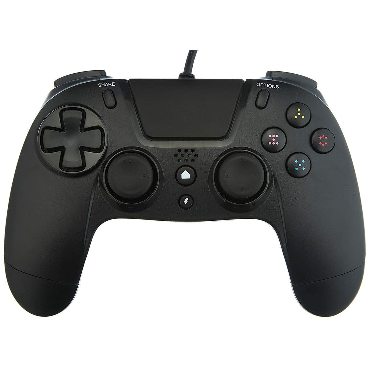 Black Gioteck VX4 gamepad for PlayStation 4 featuring a matte finish, dual analogue sticks, directional pad, and colorful action buttons.