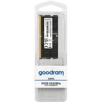 GOODRAM memory module in clear plastic case, black circuit board with gold connectors, labeled 16GB DDR5 5200MHz.