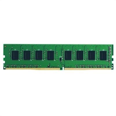 Green printed circuit board with eight memory chips, gold connector pins at the bottom, labeled with "GOODRAM GR2666D464L19/32G" and "32 GB DDR4 2666 MHz."